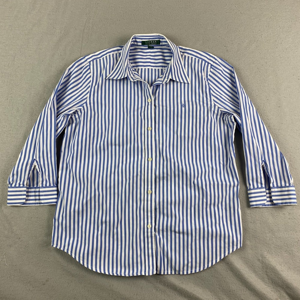 Lauren Ralph Lauren Womens Monogram Striped 3/4 Sleeve Button Up Top L